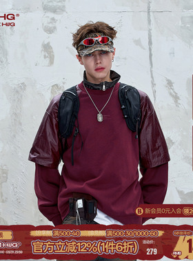 BJHG不计后果 假两件美式红色卫衣男女款春秋休闲暖皮情侣长袖T恤