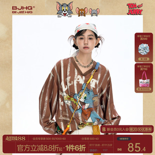 【猫和老鼠联名】BJHG不计后果V领长袖t恤女款夏季宽松运动球衣女