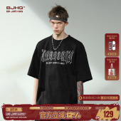 环保麂皮绒半袖 BJHG不计后果字母印花短袖 潮牌美式 夏季 女 t恤男款