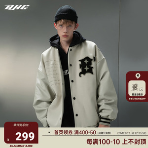 BJHG不计后果秋季美式复古高街PU皮夹克男潮牌运动情侣棒球服外套