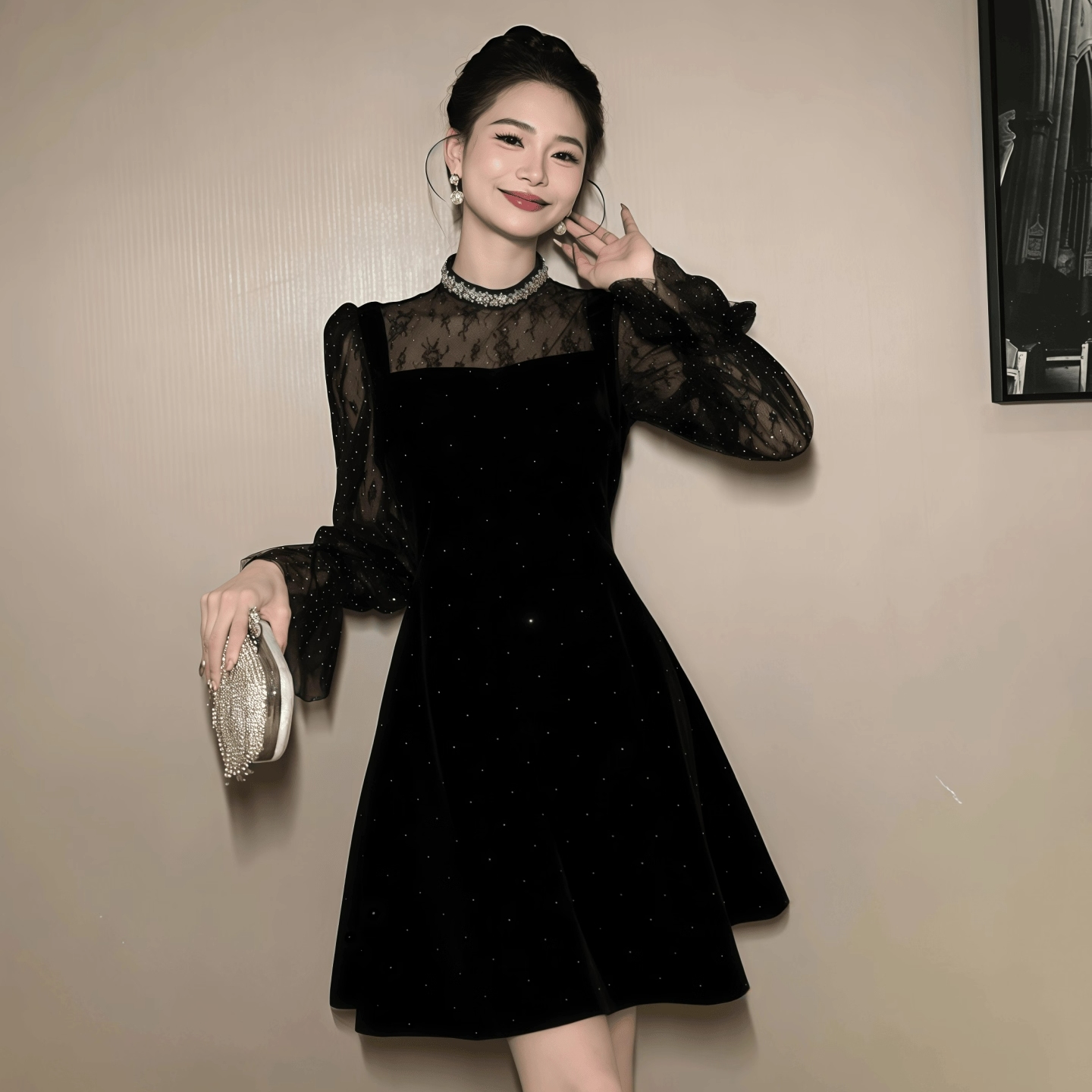 法式重工高级感蕾丝长袖连衣裙