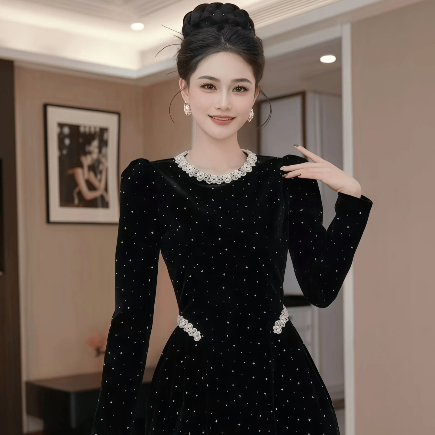 显瘦连衣裙赫本风丝绒小黑裙