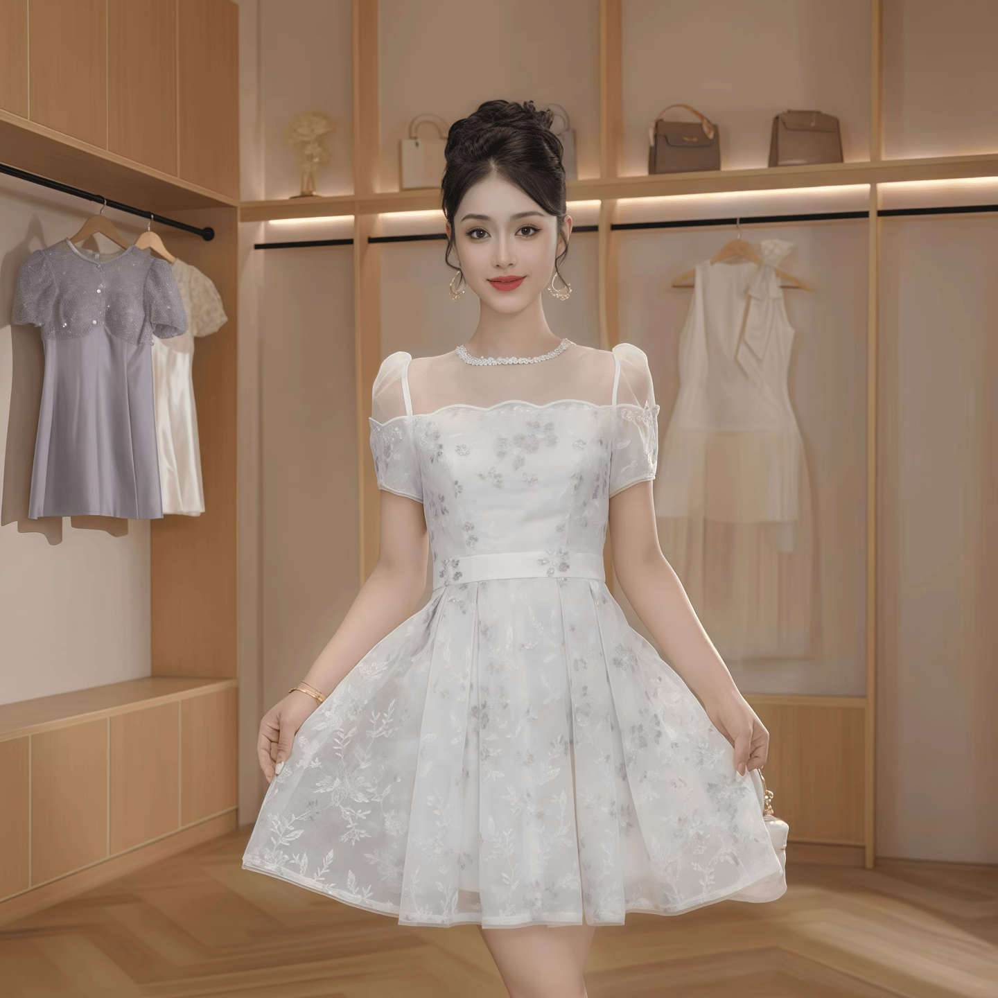 网纱拼接法式泡泡袖气质短裙