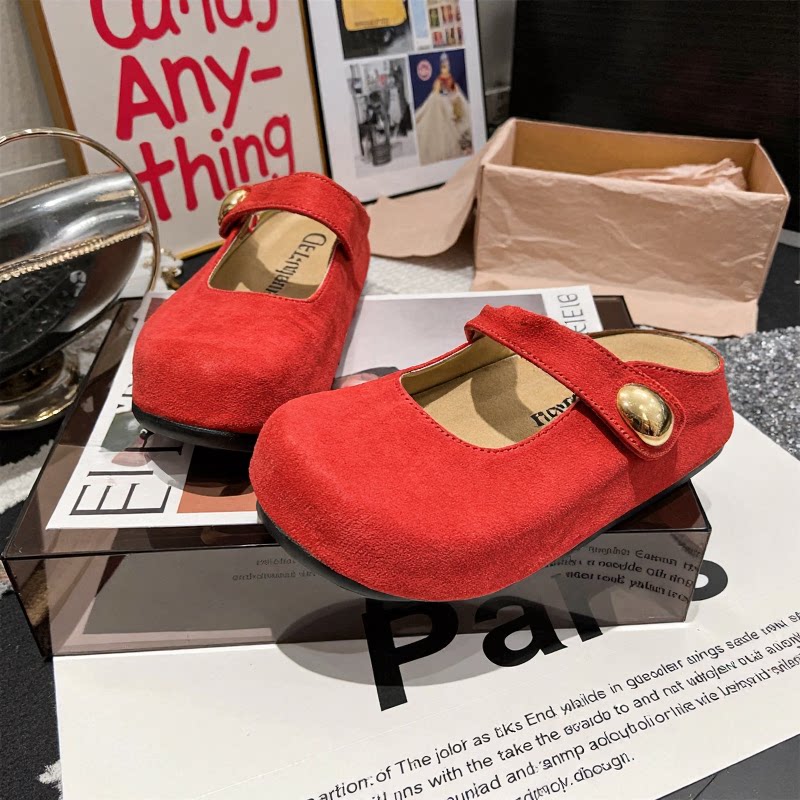 红色勃肯鞋女2025新款夏季外穿厚底包头半拖鞋一脚蹬懒人鞋