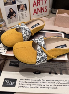 黄色猪蹄包头半拖鞋女夏外穿法式温柔仙女分趾小香风凉拖鞋博肯鞋