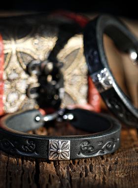 纯银正方形黑色复古民族风皮手环