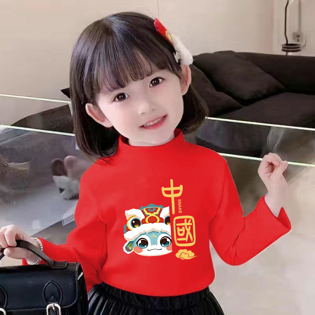 中国 蛇祥云~女童德绒秋冬季保暖打底衫半高领红色洋气德绒上衣潮
