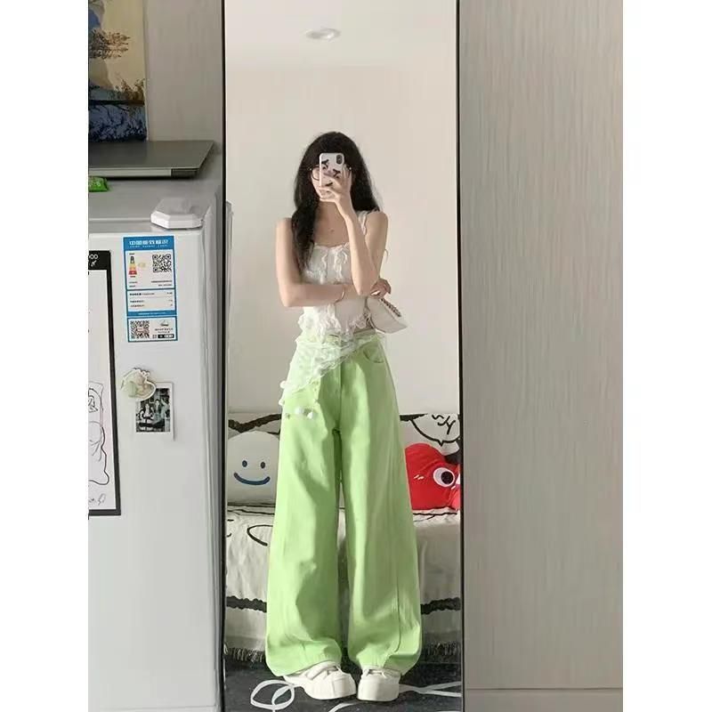 苹果绿阔腿牛仔裤女2025年早春新款垂感显瘦百搭直筒拖地裤ins潮，女装牛仔裤，米鹿服饰