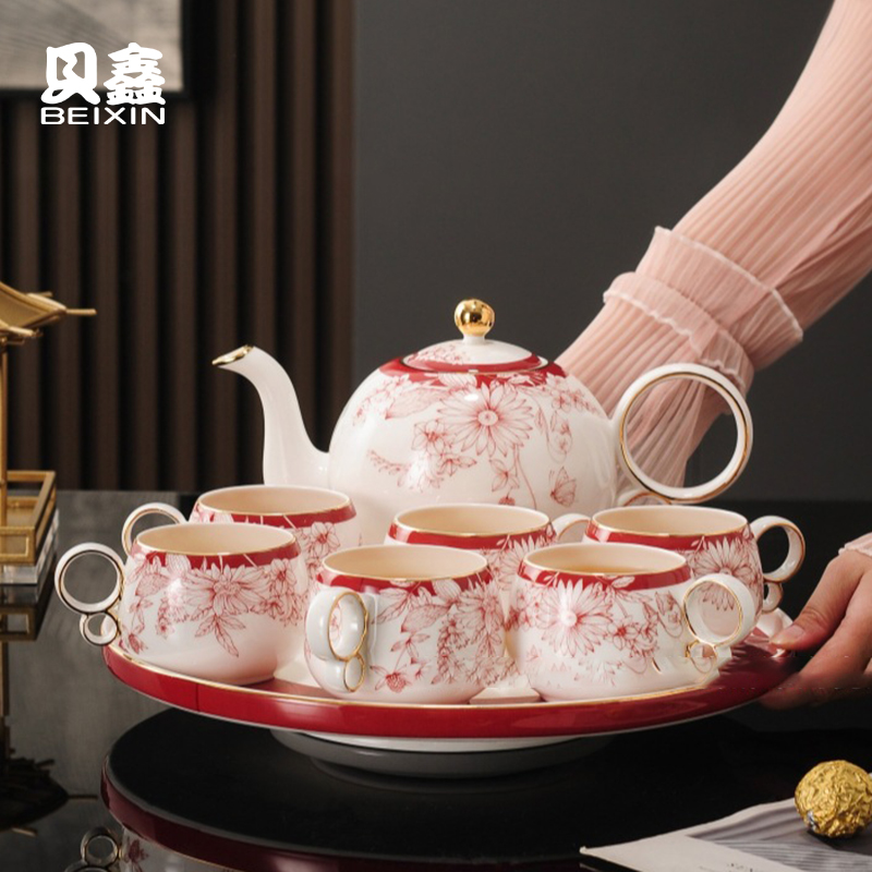 国风花卉陶瓷水具茶具八件套