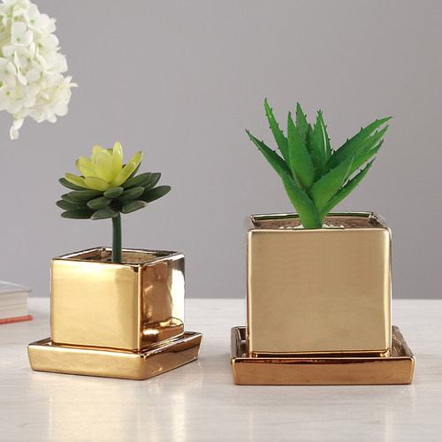 婚房客厅酒柜电镀金色陶瓷花瓶