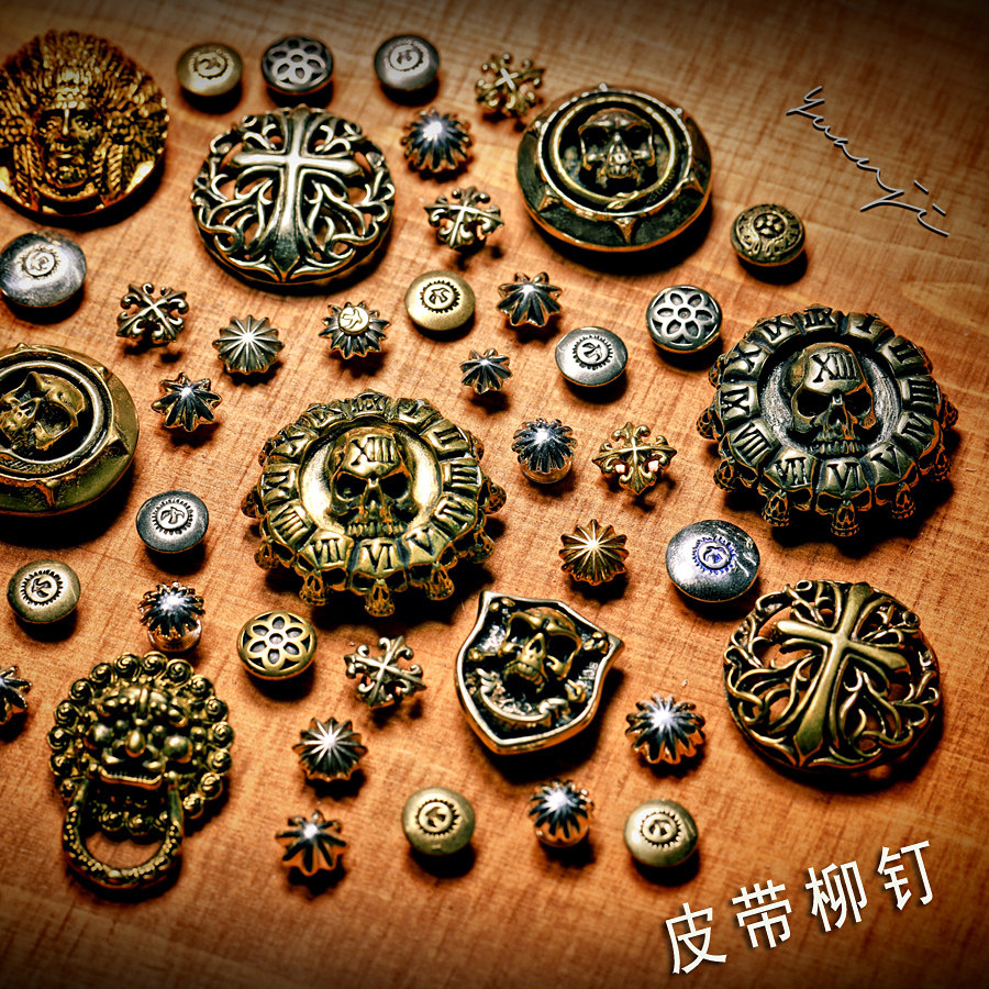 元吉手工 订制皮带带尾柳钉黄铜菊花钉925纯银财布扣装饰