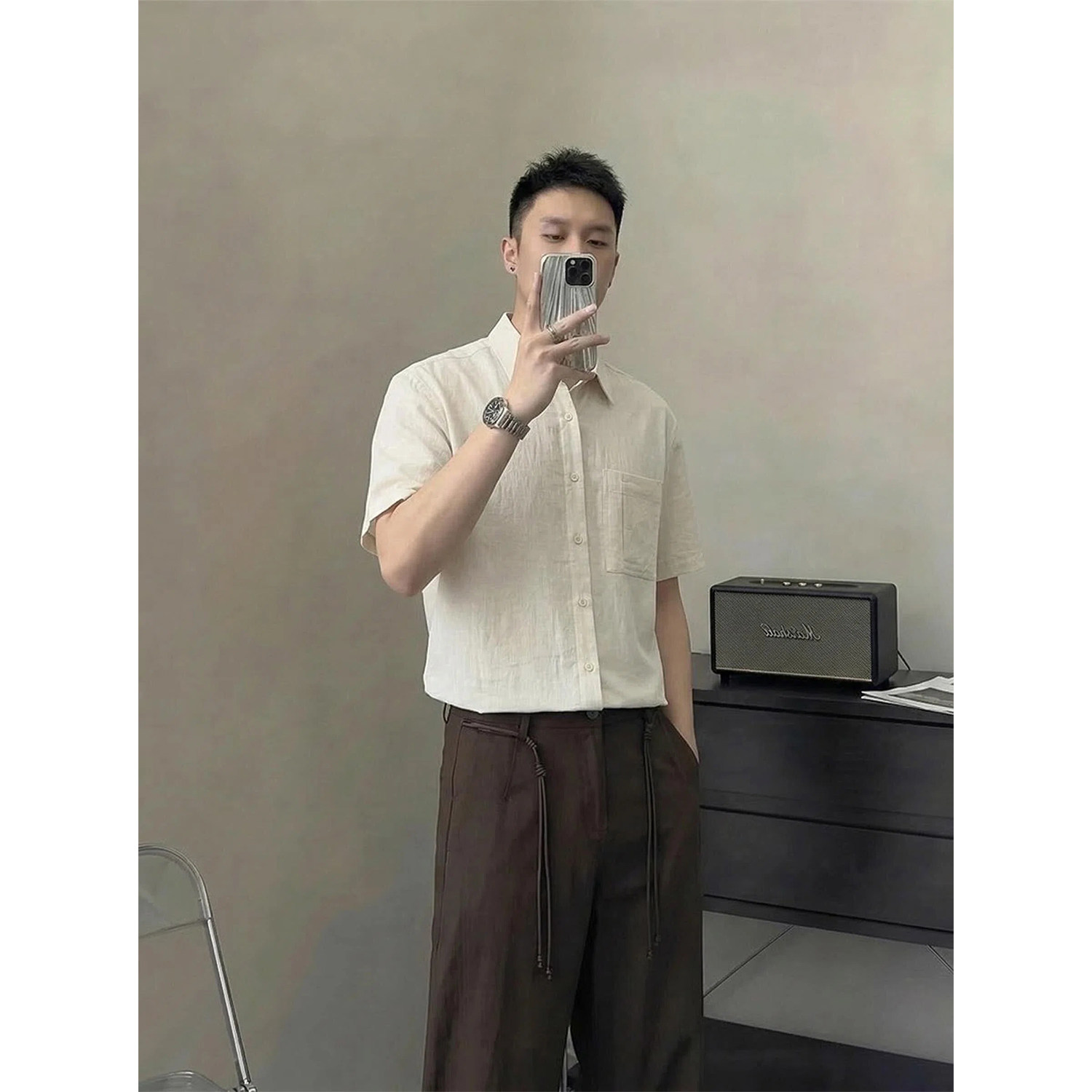 肌理感短袖衬衫男士夏季韩系松弛design感通勤衬衣小众design上衣
