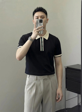 里奈男装撞色领针织polo衫男短袖夏季轻奢商务百搭显气质翻领上衣