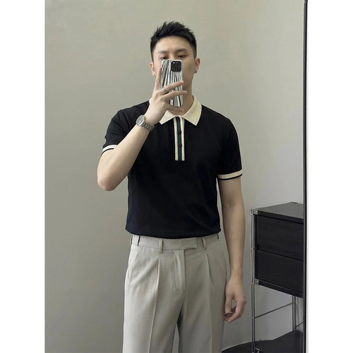 撞色领针织polo衫男短袖夏季轻奢
