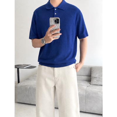 克莱因蓝针织POLO衫男夏季冰丝