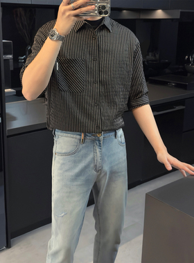 里奈男装夏季新款黑色条纹五分袖衬衫男通勤商务休闲百搭半袖衬衣