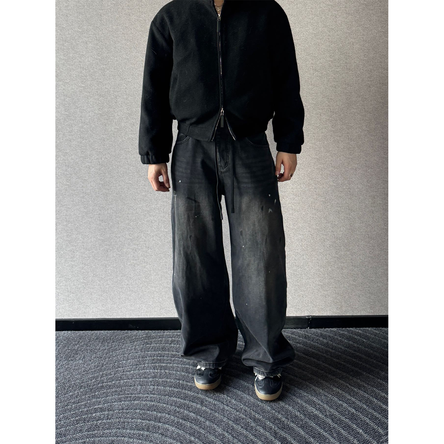 冬季加厚植绒泼点宽松直筒牛仔裤