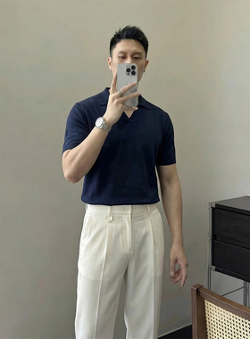 V领针织Polo衫男夏季藏青light mature老钱风短袖高级感通勤百搭