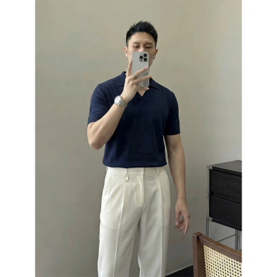藏青V领针织Polo衫男夏季轻熟风
