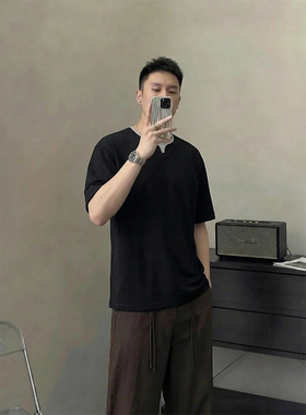 里奈男装高级感小V领假两件短袖男士日系cityboy宽松半袖打底T恤