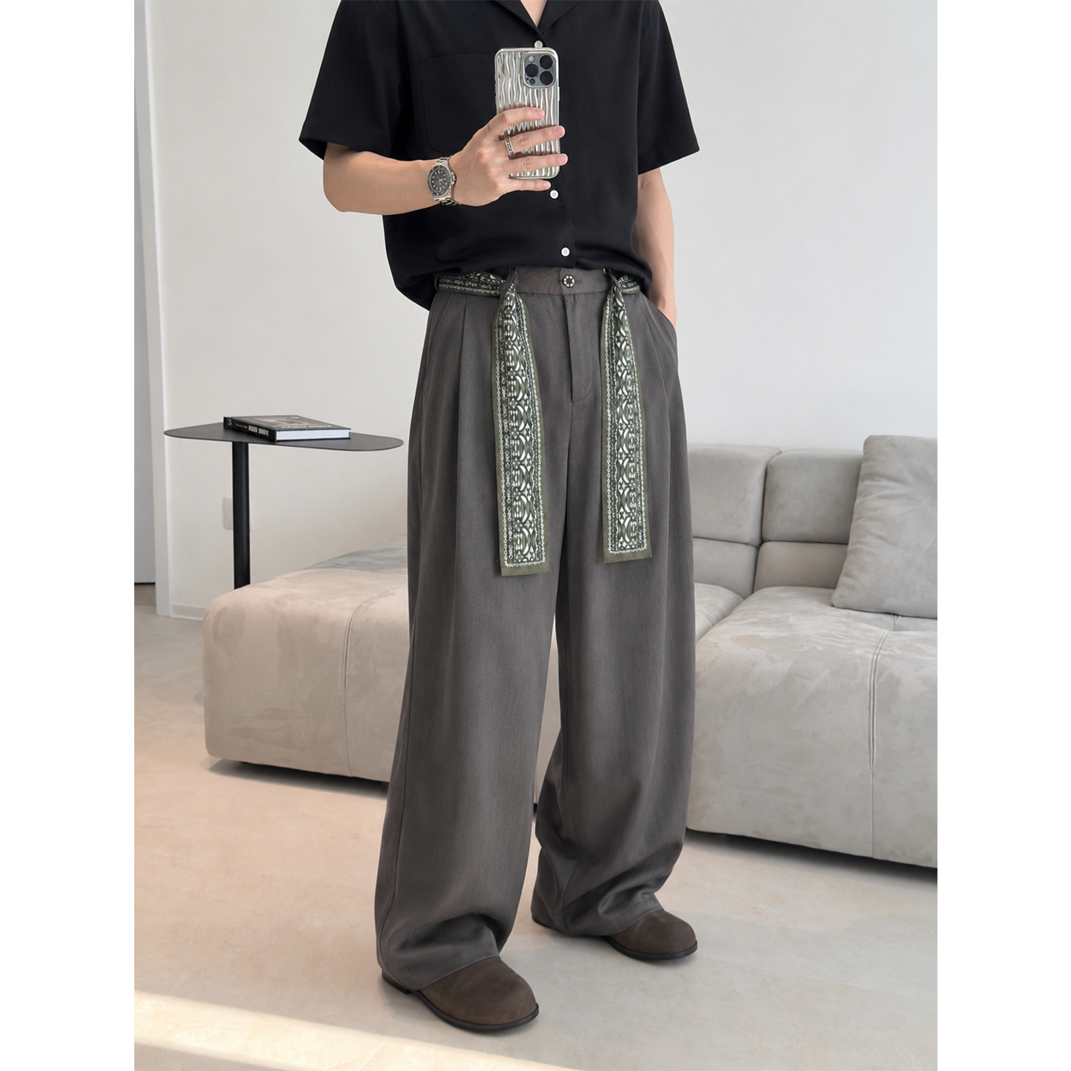 夏季冰丝垂感阔腿西裤男可拆卸丝巾腰带棕色cleanfit通勤休闲长裤