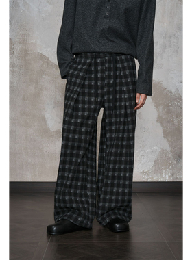 里奈男装黑色格子松紧腰冬季加厚格子长裤慵懒风百搭直筒休闲裤男