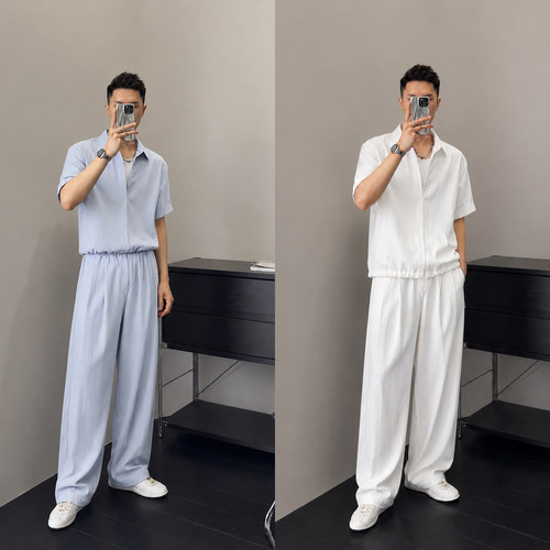 韩系松弛感天丝男士套装薄款