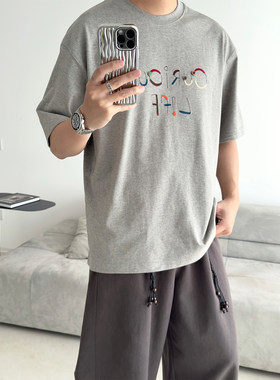 韩系小众设计感刺绣T恤男宽松