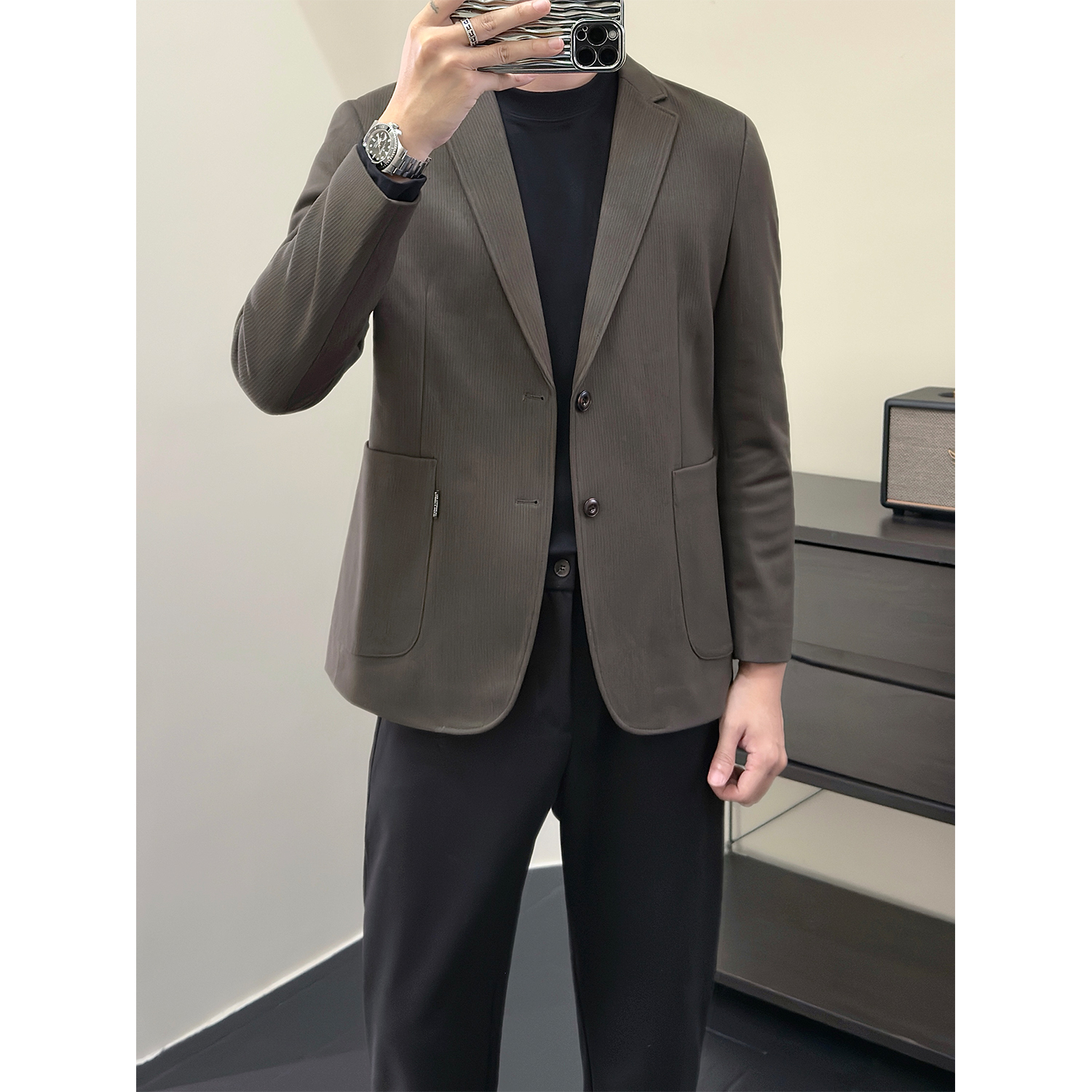 修身暗纹毛呢西装男士外套通勤