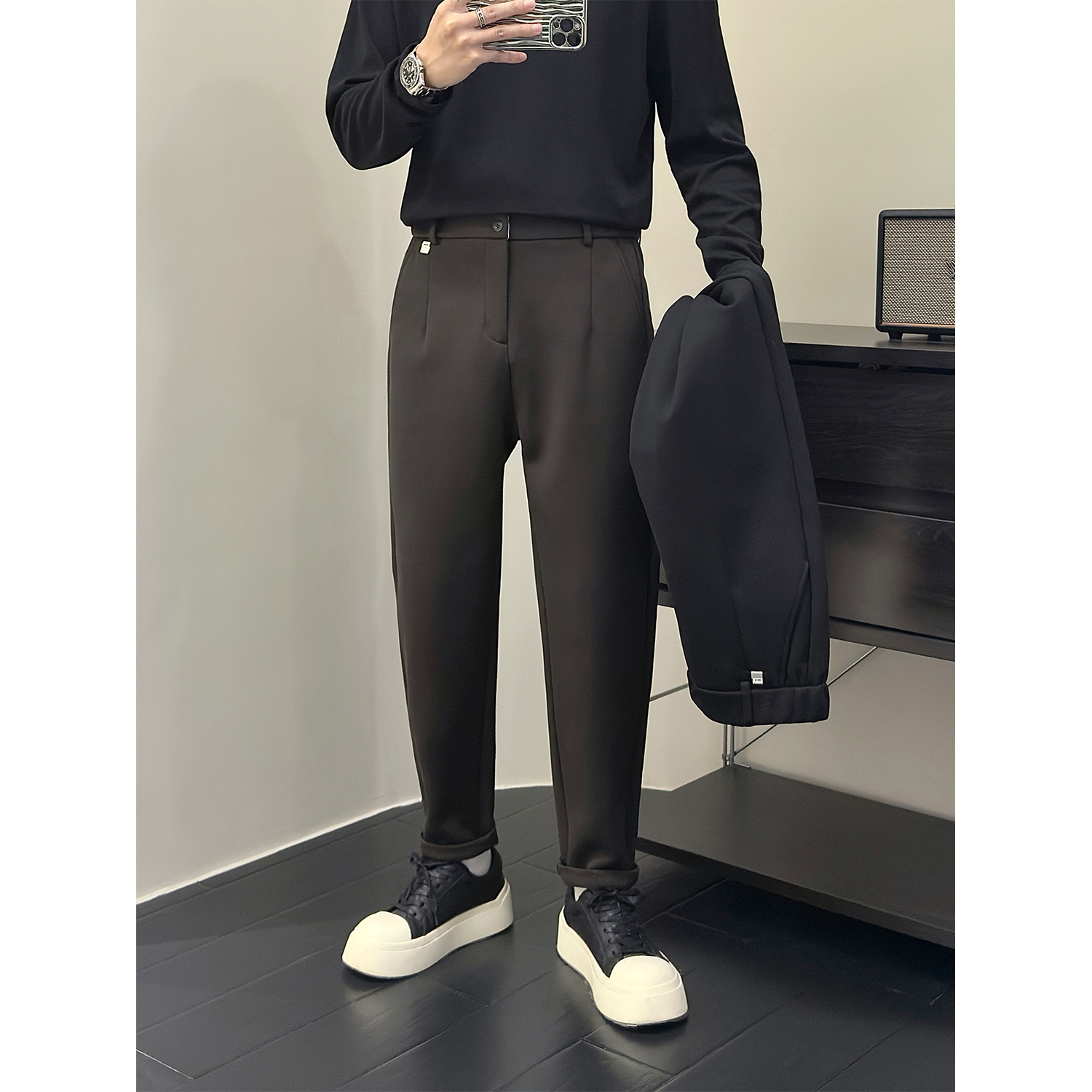 加厚秋冬单褶锥形裤男保暖