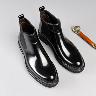 秋冬高档男靴休闲高帮皮鞋套筒短靴厚底英伦真皮开边珠切尔西靴潮