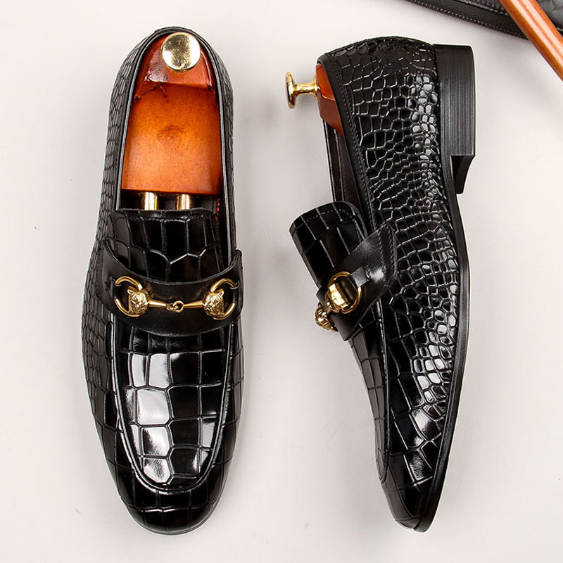 欧美新款商务休闲鞋真皮透气压花鳄鱼纹懒人鞋青年潮流男鞋马衔扣