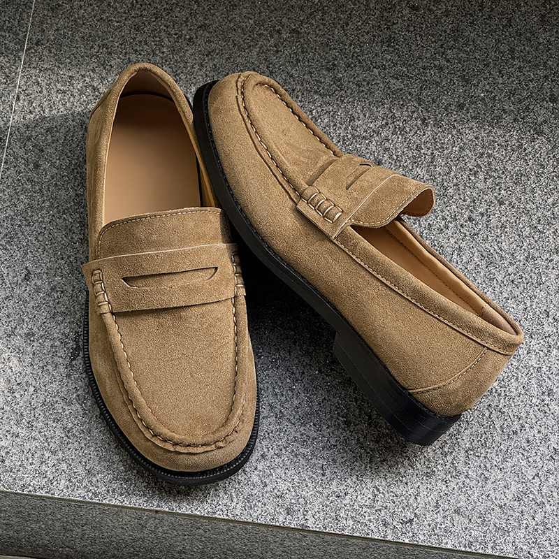 复古老钱风牛反绒皮乐福鞋一脚蹬