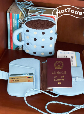 NotToday咖啡杯护照夹旅行卡包证件收纳蓝色波点证件包多卡位斜挎
