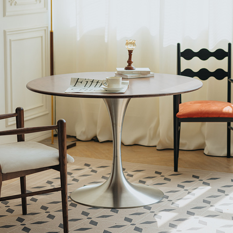 物应家居不锈钢黑胡桃实木圆桌