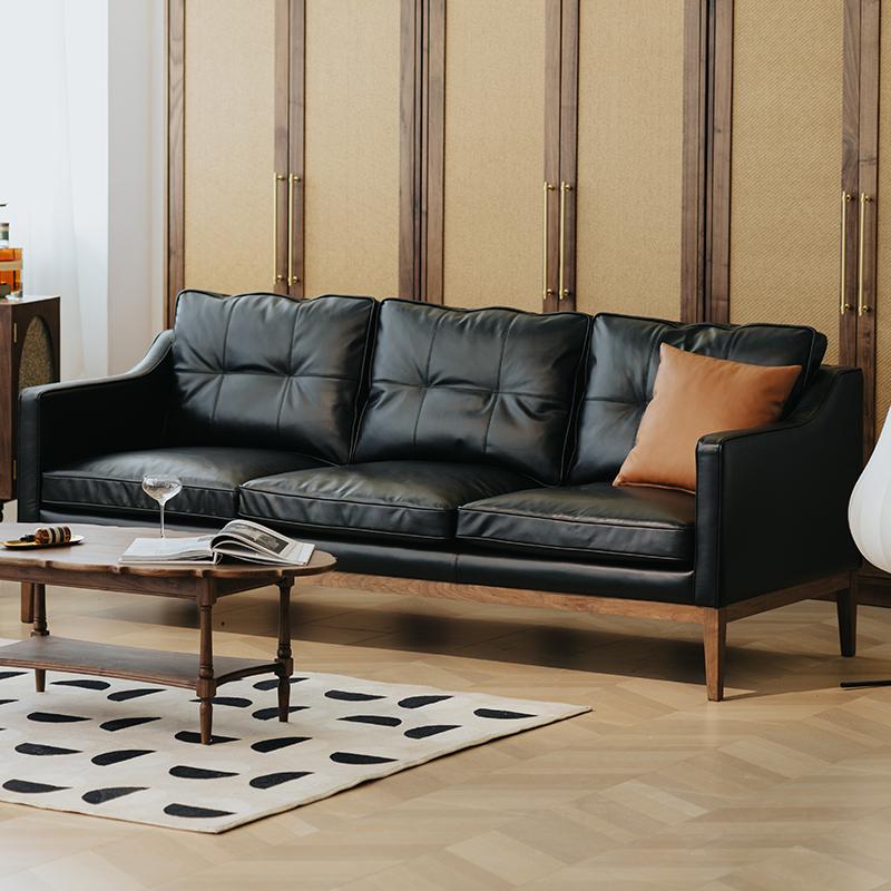 物应油蜡真皮黑色中古大沙发