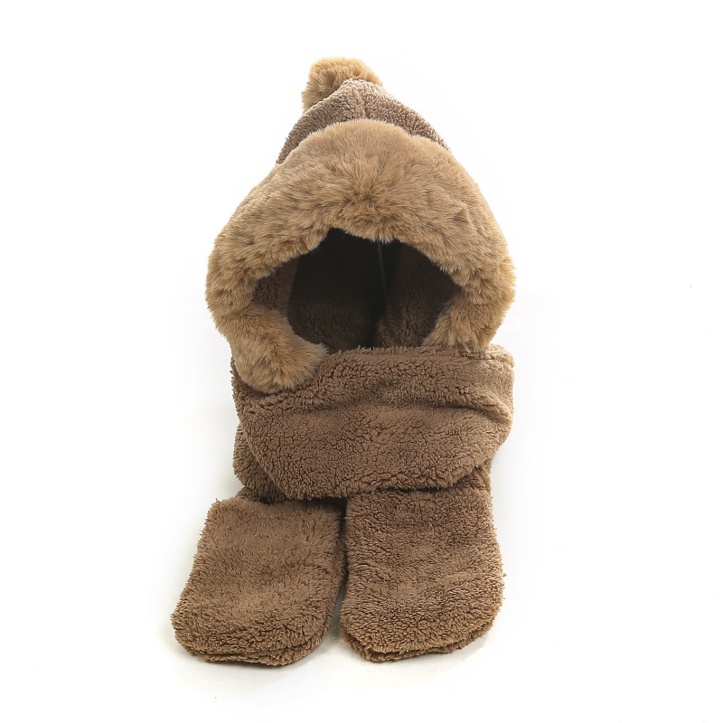 KOREAN VERSION OF CUTE BIG FUR COLLAR HAT SCARF GLOVES INTEGRATED DOUBLE LAYER THICKENED PLUSH WARM THREE-PIECE SET FOR STUDENT GIRLS WINTER