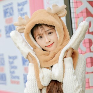 秋冬女韩版可爱鹿角学生连体帽加厚保暖帽子围巾手套三件套一体潮