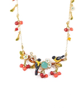 珐琅黄鹂樱桃系列两只鸟大项链