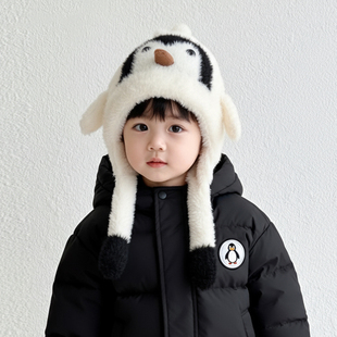秋冬季儿童护耳帽宝宝帽子毛绒帽可爱小企鹅男童女童保暖加绒加厚