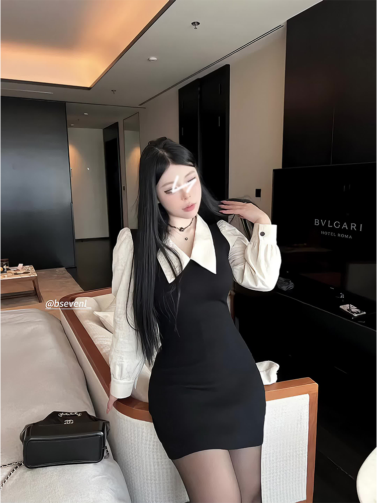 大码法式假两件连衣裙秋冬减龄毛织拼接胖mm显瘦遮肚子藏肉长裙