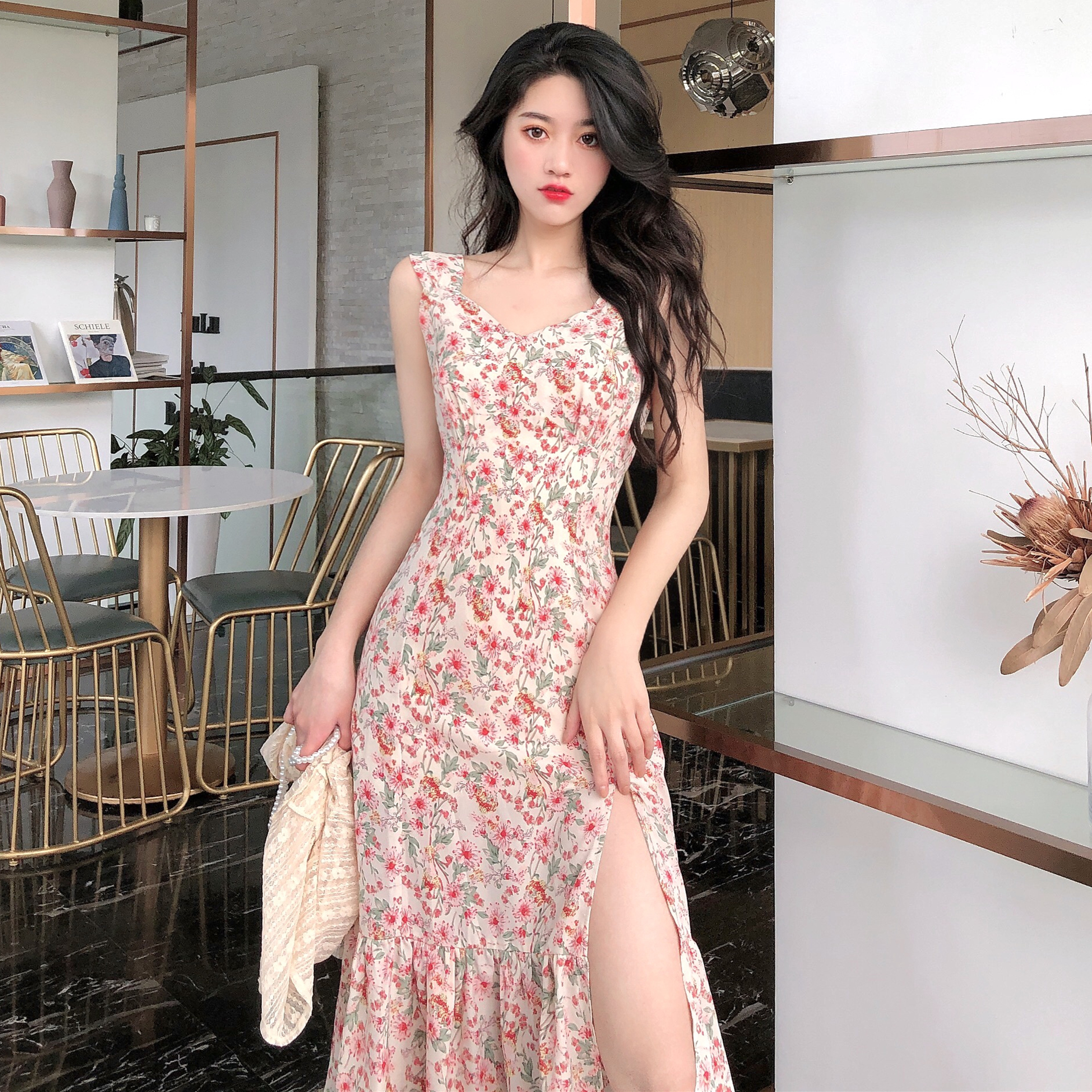 Real photo real price split flower suspender skirt