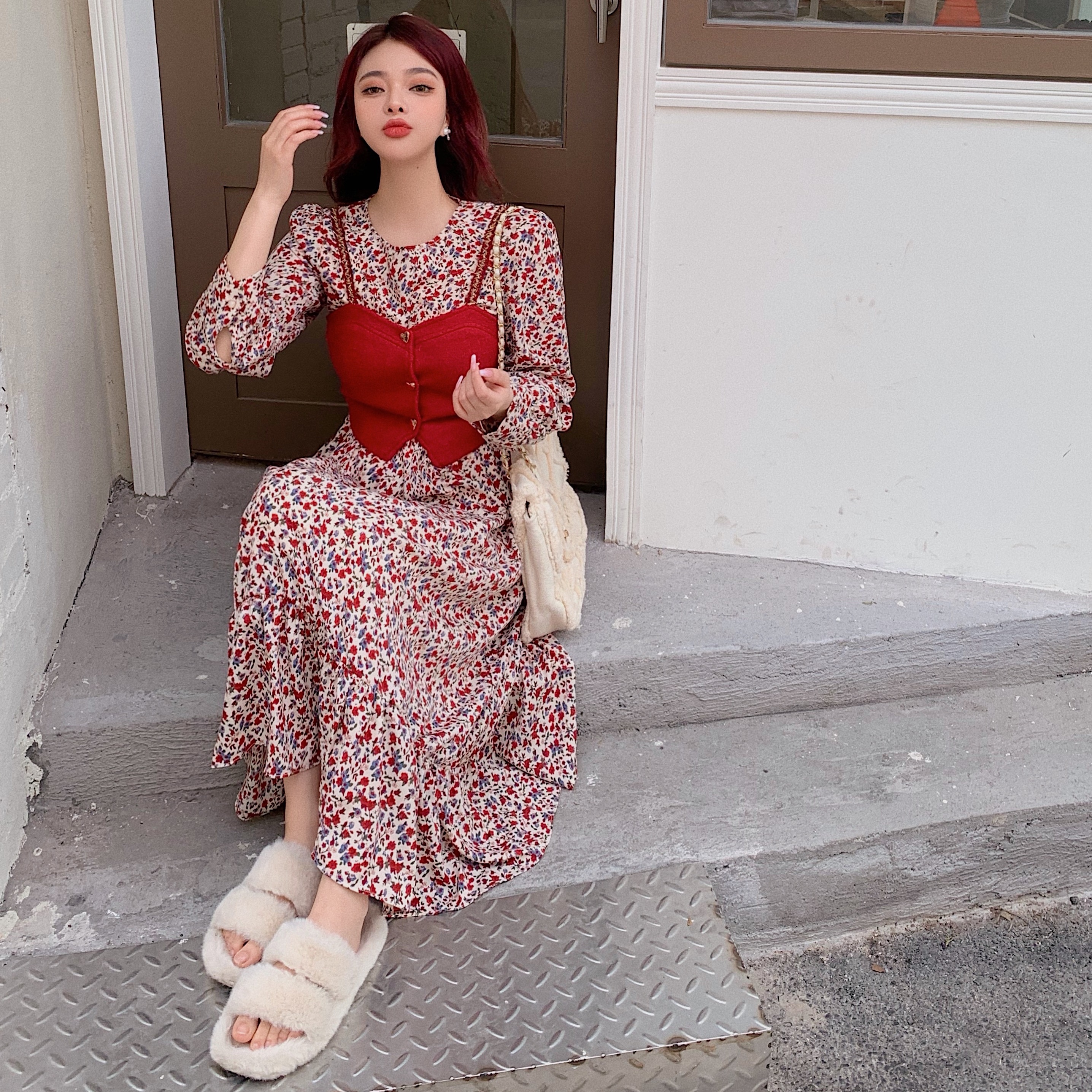 Real price floral dress wool suspender vest suit