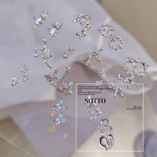 莫奈花园白金冰花爆闪精致小锆石指甲配饰美甲饰品小蝴蝶结真金