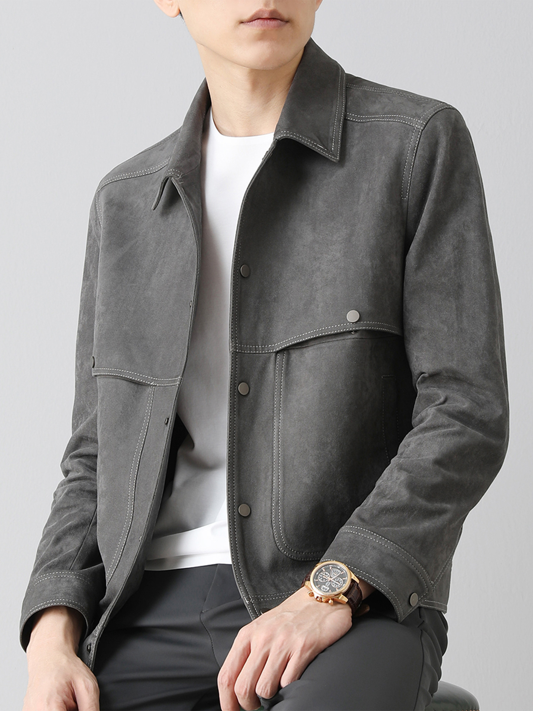 Yuppie leather velvet jacket men's spring and autumn high-end fashion men's lapel casual jacket warm cotton jacket men