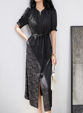 之和黑色提花V领开叉长裙连衣裙女夏收腰系带小众设计短袖a字裙