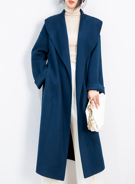 蓝色双面羊绒大衣女中长款2024年新款秋冬季高端赫本风羊毛呢外套