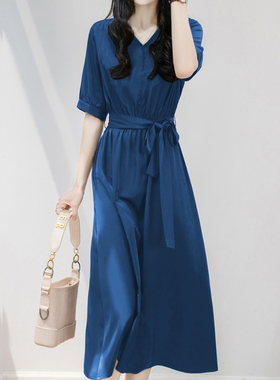 之和高级感法式复古风蓝色V领铜氨丝长裙连衣裙女夏收腰显瘦A字裙