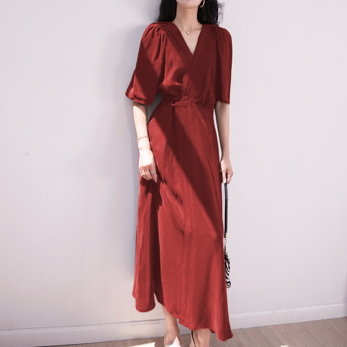 赫本风红色新中式长裙连衣裙女夏