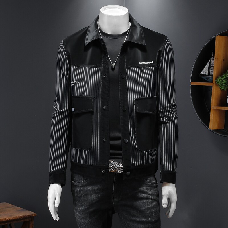 2022春季新款潮男翻领夹克工装款外套条纹皮休闲皮衣Y798，男装皮衣，电商D230